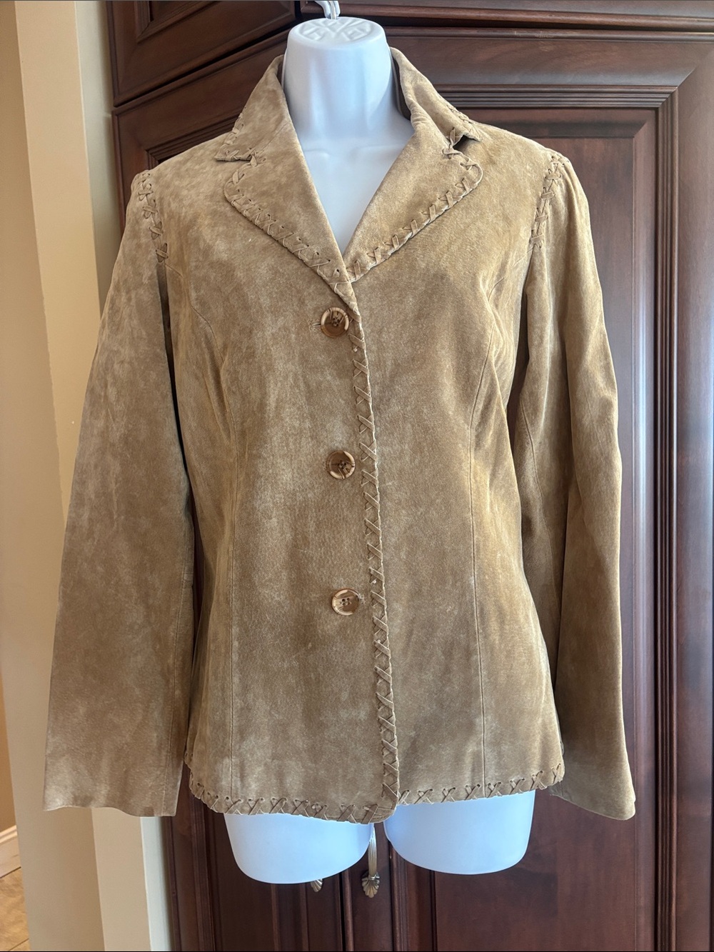 Vintage 90s Margaret Godfrey Tan Suede Whipstitch Blazer Jacket, 100% Leather
